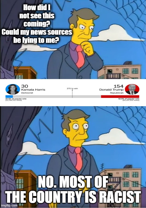 Skinner Out Of Touch | How did I not see this coming?
Could my news sources be lying to me? NO. MOST OF THE COUNTRY IS RACIST | image tagged in skinner out of touch | made w/ Imgflip meme maker