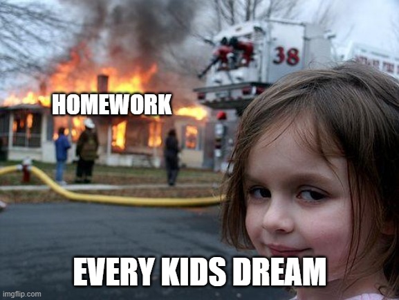 every kids dream | HOMEWORK; EVERY KIDS DREAM | image tagged in memes,disaster girl,homework,fire,burn | made w/ Imgflip meme maker