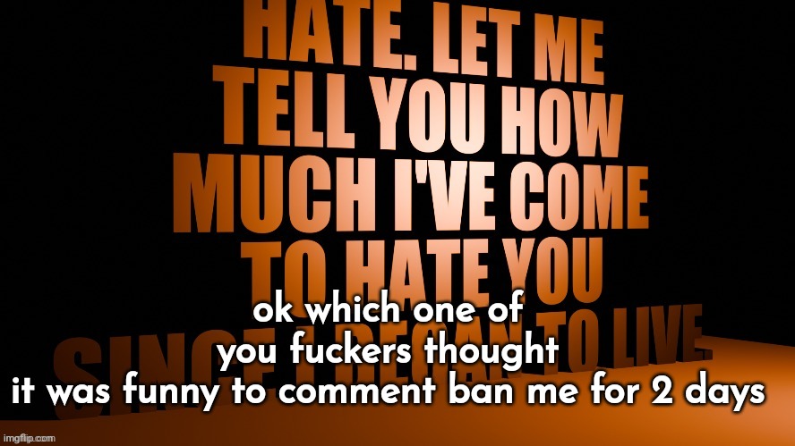 AM Hate Speech 3D | ok which one of you fuckers thought it was funny to comment ban me for 2 days | image tagged in am hate speech 3d | made w/ Imgflip meme maker