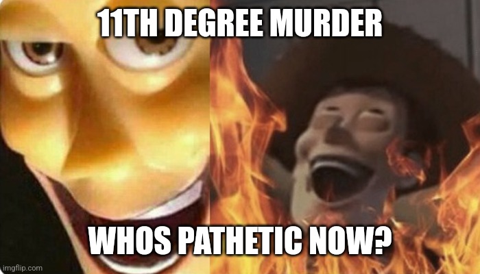 11TH DEGREE MURDER WHOS PATHETIC NOW? | image tagged in evil woody | made w/ Imgflip meme maker