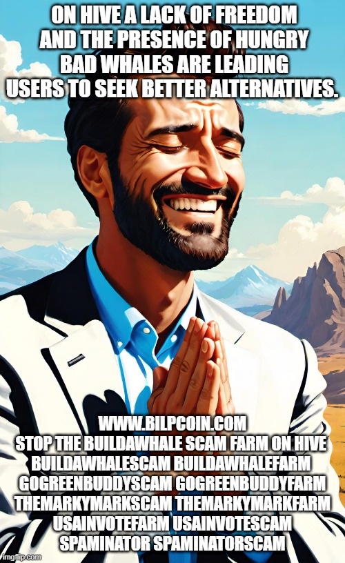 ON HIVE A LACK OF FREEDOM AND THE PRESENCE OF HUNGRY BAD WHALES ARE LEADING USERS TO SEEK BETTER ALTERNATIVES. WWW.BILPCOIN.COM

STOP THE BUILDAWHALE SCAM FARM ON HIVE 


BUILDAWHALESCAM BUILDAWHALEFARM 

GOGREENBUDDYSCAM GOGREENBUDDYFARM


THEMARKYMARKSCAM THEMARKYMARKFARM

USAINVOTEFARM USAINVOTESCAM

SPAMINATOR SPAMINATORSCAM | made w/ Imgflip meme maker