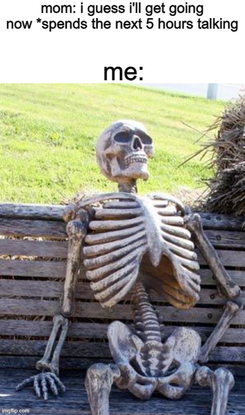 I dont understand adults | mom: i guess i'll get going now *spends the next 5 hours talking; me: | image tagged in memes,waiting skeleton | made w/ Imgflip meme maker