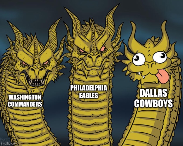 NFC East Right Now | PHILADELPHIA EAGLES; DALLAS COWBOYS; WASHINGTON COMMANDERS | image tagged in three-headed dragon,nfl memes,philadelphia eagles,dallas cowboys,washington commanders | made w/ Imgflip meme maker