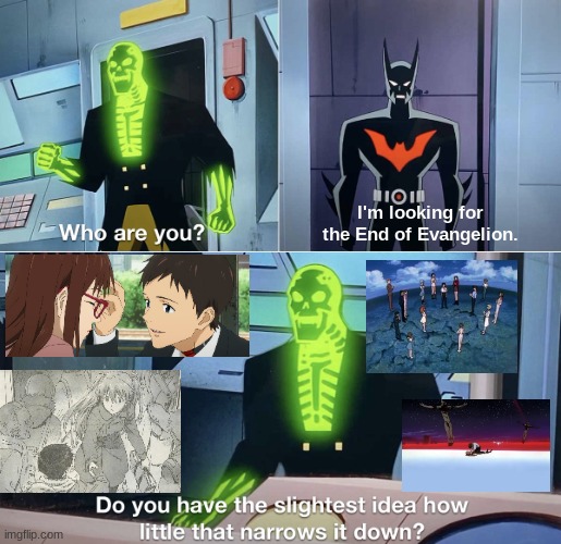 Life Changing | I'm looking for the End of Evangelion. | image tagged in do you have the slightest idea how little that narrows it down,neon genesis evangelion,evangelion,rebuild of evangelion,ending | made w/ Imgflip meme maker