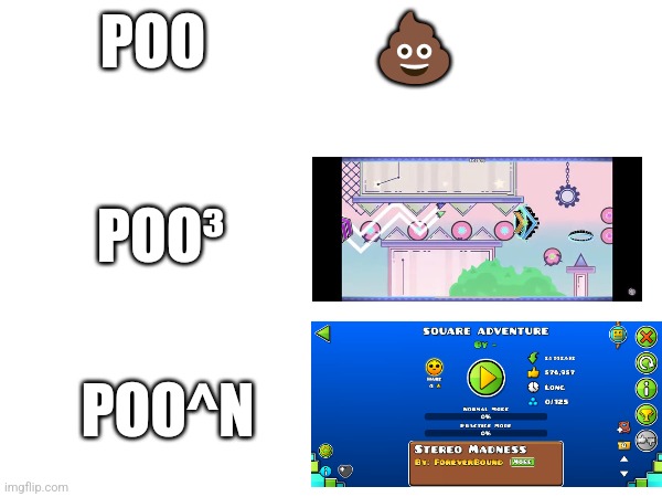 (insert some irrelevant comment about Square Adventure here) | POO; 💩; POO³; POO^N | image tagged in geometry dash | made w/ Imgflip meme maker