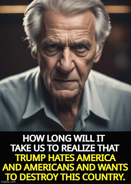 HOW LONG WILL IT 
TAKE US TO REALIZE THAT; TRUMP HATES AMERICA AND AMERICANS AND WANTS TO DESTROY THIS COUNTRY. | image tagged in trump,hate,america,americans,united states of america,destruction | made w/ Imgflip meme maker