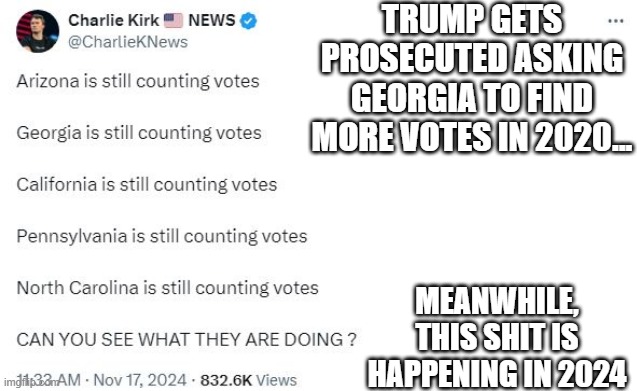 Wait, Who Cheats Again? | TRUMP GETS PROSECUTED ASKING GEORGIA TO FIND MORE VOTES IN 2020... MEANWHILE, THIS SHIT IS HAPPENING IN 2024 | image tagged in politics,voting | made w/ Imgflip meme maker