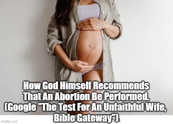 How God Himself Recommends That An Abortion Be Performed | How God Himself Recommends That An Abortion Be Performed.
(Google "The Test For An Unfaithful Wife, 
Bible Gateway") | image tagged in abortion,god recommends abortion,unfaithful wife | made w/ Imgflip meme maker