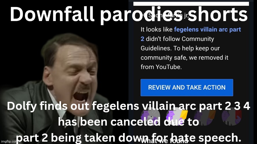 Dolfy finds out fegelens villain arc part 2 3 4 has been canceled due to part 2 being taken down for hate speech | image tagged in memes,hitler downfall,meme parody | made w/ Imgflip meme maker