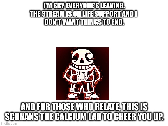 Blank White Template | I'M SRY EVERYONE'S LEAVING.
THE STREAM IS ON LIFE SUPPORT AND I 
DON'T WANT THINGS TO END. AND FOR THOSE WHO RELATE, THIS IS SCHNANS THE CALCIUM LAD TO CHEER YOU UP. | image tagged in blank white template | made w/ Imgflip meme maker