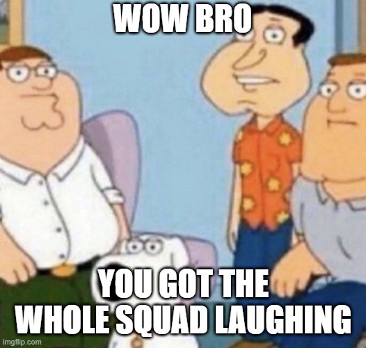 Wow bro | WOW BRO YOU GOT THE WHOLE SQUAD LAUGHING | image tagged in wow bro | made w/ Imgflip meme maker