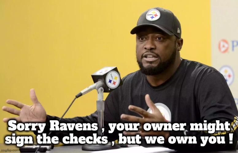 Mike Tomlin | Sorry Ravens , your owner might sign the checks , but we own you ! | image tagged in mike tomlin | made w/ Imgflip meme maker