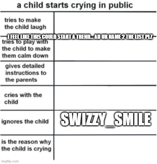 i mean like in public when i child starts crying i just ignore it...... (Ada: omg road trip pt 2) | I FEEL LIKE THIS COULD START A TREND... AD UR NAME 2 THE LIST PLZ | image tagged in child,crying,trend | made w/ Imgflip meme maker