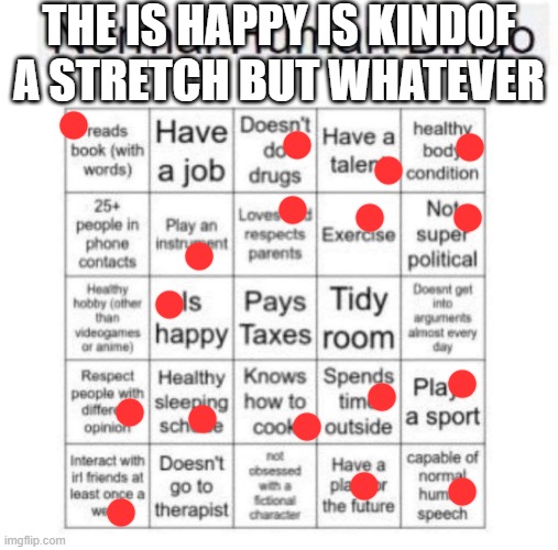 I won :) | THE IS HAPPY IS KINDOF A STRETCH BUT WHATEVER | image tagged in normal human bingo | made w/ Imgflip meme maker