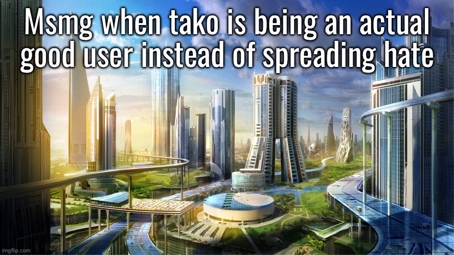 Finally, peace | Msmg when tako is being an actual good user instead of spreading hate | image tagged in futuristic city | made w/ Imgflip meme maker