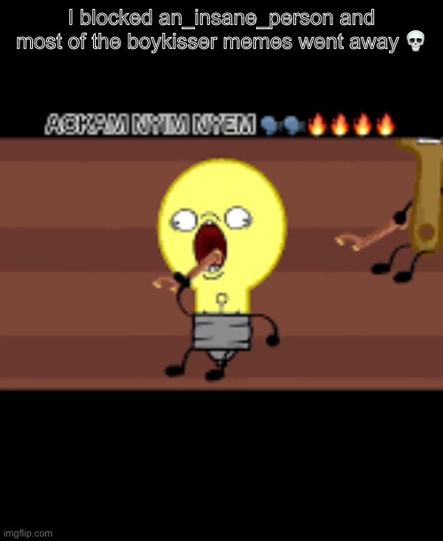 Ackam nym nyem | I blocked an_insane_person and most of the boykisser memes went away 💀 | image tagged in ackam nym nyem | made w/ Imgflip meme maker