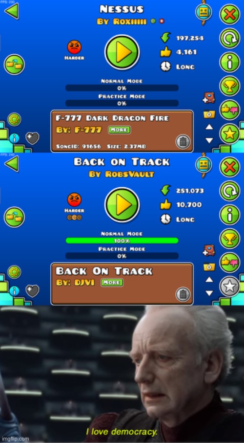 Same difficulty | image tagged in i love democracy,geometry dash,voting,geometry dash difficulty faces | made w/ Imgflip meme maker