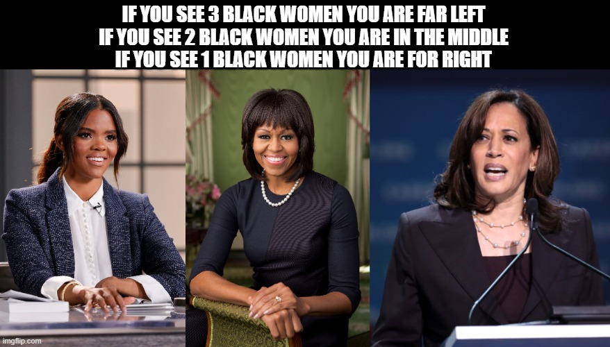 Political scale test | IF YOU SEE 3 BLACK WOMEN YOU ARE FAR LEFT
IF YOU SEE 2 BLACK WOMEN YOU ARE IN THE MIDDLE
IF YOU SEE 1 BLACK WOMEN YOU ARE FOR RIGHT | image tagged in politics | made w/ Imgflip meme maker