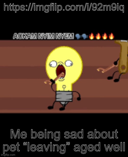 Ackam nym nyem | https://imgflip.com/i/92m9iq; Me being sad about pet “leaving” aged well | image tagged in ackam nym nyem | made w/ Imgflip meme maker