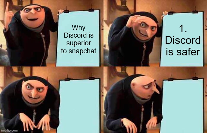 pov: you forgot to finish your presentation | Why Discord is superior to snapchat; 1. Discord is safer | image tagged in memes,gru's plan | made w/ Imgflip meme maker