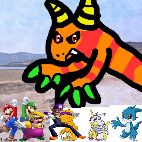 Wario and Friends dies by a provoked Sand dragon demon while exploring at a dry beach | image tagged in dry beach with mountains in background and rocks on sides,super mario bros,digimon,wario dies,crossover,waluigi | made w/ Imgflip meme maker