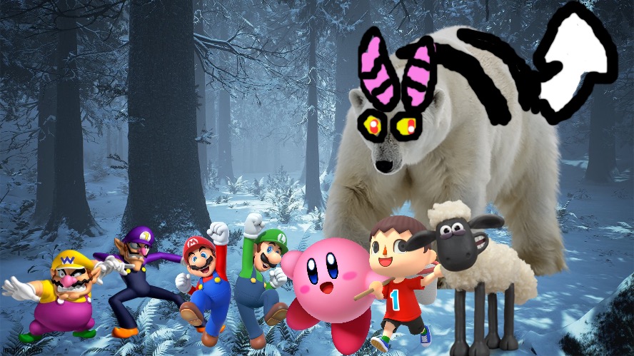 Wario and Friends dies by a provoked Giant demon polar bear while exploring in a winter forest | image tagged in winter forest aesthetic background,wario dies,crossover | made w/ Imgflip meme maker