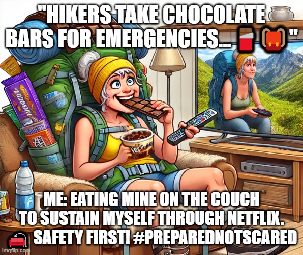 Survival Skills: Netflix Edition ??️ | "HIKERS TAKE CHOCOLATE BARS FOR EMERGENCIES... 🍫🎒"; ME: EATING MINE ON THE COUCH TO SUSTAIN MYSELF THROUGH NETFLIX. 🛋️ SAFETY FIRST! #PREPAREDNOTSCARED | image tagged in hiking,chocolate,safety first,essential,food,dieting | made w/ Imgflip meme maker