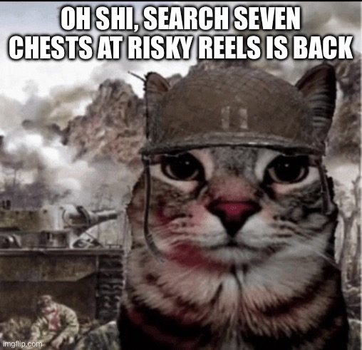 Shi be lowk givn PTSD | OH SHI, SEARCH SEVEN CHESTS AT RISKY REELS IS BACK | image tagged in thousand yard stare cat | made w/ Imgflip meme maker