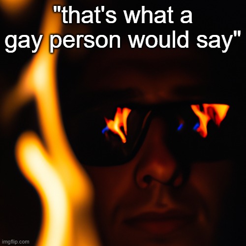 I'M MISTER MEESEEKS, LOOK AT ME! | "that's what a gay person would say" | image tagged in person staring into the fire in the dark with glasses on flames | made w/ Imgflip meme maker