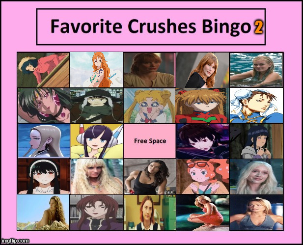 favorite crushes bingo 2 | image tagged in crushes bingo 2,favorites,bingo,anime,movies,videogames | made w/ Imgflip meme maker