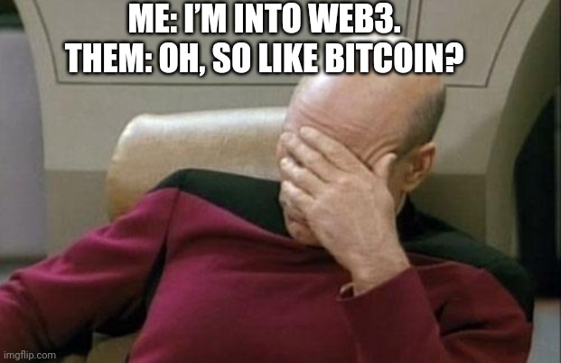 Captain Picard Facepalm | ME: I’M INTO WEB3. THEM: OH, SO LIKE BITCOIN? | image tagged in memes,captain picard facepalm | made w/ Imgflip meme maker