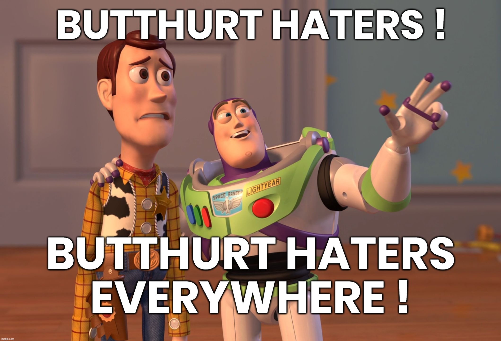 BUTTHURT HATERS | BUTTHURT HATERS ! BUTTHURT HATERS
EVERYWHERE ! | image tagged in memes,butthurt,haters,everywhere,hate,tds | made w/ Imgflip meme maker