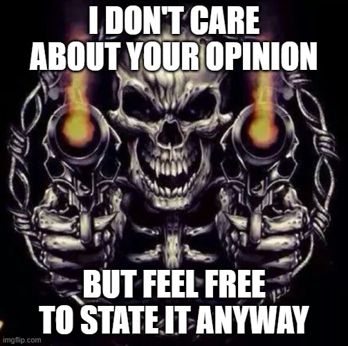 Skeleton with guns | I DON'T CARE ABOUT YOUR OPINION; BUT FEEL FREE TO STATE IT ANYWAY | image tagged in skeleton with guns | made w/ Imgflip meme maker