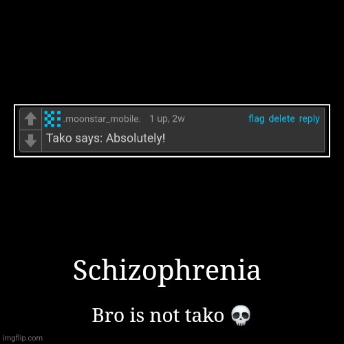 Schizophrenia | Bro is not tako ? | image tagged in funny,demotivationals | made w/ Imgflip demotivational maker