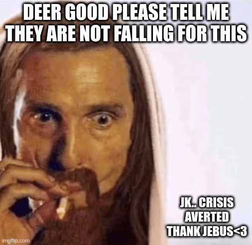 Matthew McConaughey Jesus Smoking | DEER GOOD PLEASE TELL ME THEY ARE NOT FALLING FOR THIS; JK.. CRISIS AVERTED THANK JEBUS<3 | image tagged in matthew mcconaughey jesus smoking | made w/ Imgflip meme maker