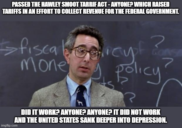 Tariffs hurt. Don't let Trump enact them. | PASSED THE HAWLEY SMOOT TARRIF ACT - ANYONE? WHICH RAISED TARIFFS IN AN EFFORT TO COLLECT REVENUE FOR THE FEDERAL GOVERNMENT. DID IT WORK? ANYONE? ANYONE? IT DID NOT WORK AND THE UNITED STATES SANK DEEPER INTO DEPRESSION. | image tagged in bueller anyone,great depression,republican,house of representatives,economy,crash | made w/ Imgflip meme maker