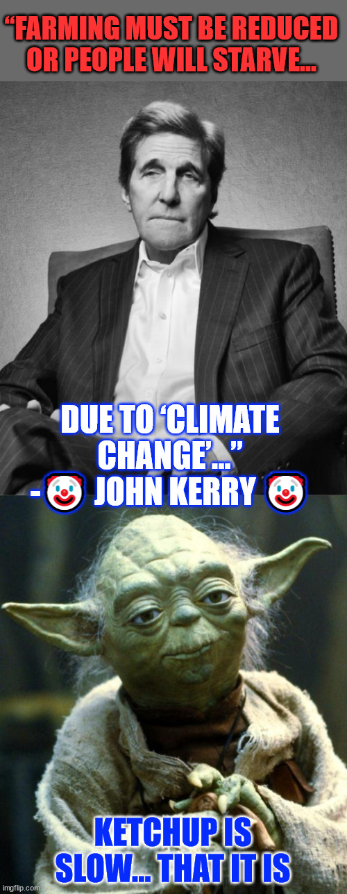 Ketchup is slow | “FARMING MUST BE REDUCED OR PEOPLE WILL STARVE... DUE TO ‘CLIMATE CHANGE’…” -🤡 JOHN KERRY 🤡; KETCHUP IS SLOW... THAT IT IS | image tagged in memes,star wars yoda,ketchup is slow | made w/ Imgflip meme maker