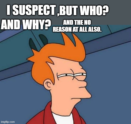 Futurama Fry | I SUSPECT; ,BUT WHO? AND THE NO REASON AT ALL ALSO. AND WHY? | image tagged in memes,futurama fry,fun,i too like to live dangerously | made w/ Imgflip meme maker