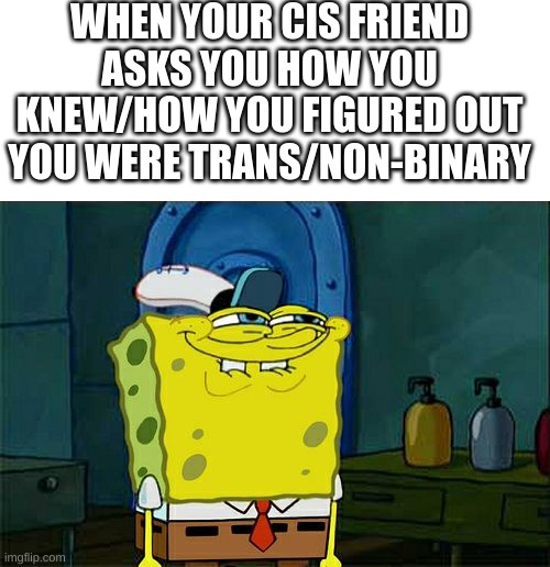 hmmm? | WHEN YOUR CIS FRIEND ASKS YOU HOW YOU KNEW/HOW YOU FIGURED OUT YOU WERE TRANS/NON-BINARY | image tagged in memes,don't you squidward | made w/ Imgflip meme maker