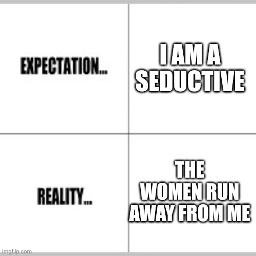 Seductive | I AM A SEDUCTIVE; THE WOMEN RUN AWAY FROM ME | image tagged in expectation vs reality | made w/ Imgflip meme maker