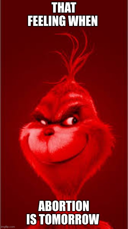 Red Grinch | THAT FEELING WHEN ABORTION IS TOMORROW | image tagged in red grinch | made w/ Imgflip meme maker