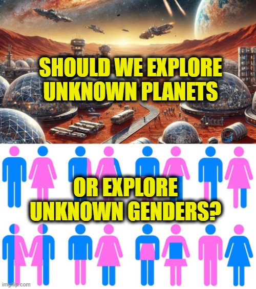 Two visions of the future | SHOULD WE EXPLORE
UNKNOWN PLANETS; OR EXPLORE
UNKNOWN GENDERS? | image tagged in leftist | made w/ Imgflip meme maker