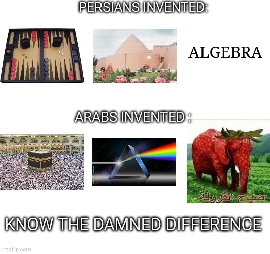 PERSIANS INVENTED:; ALGEBRA; ARABS INVENTED :; KNOW THE DAMNED DIFFERENCE | image tagged in arab,persian,persian scientists,strawberry elephant,inventions,persian inventions | made w/ Imgflip meme maker