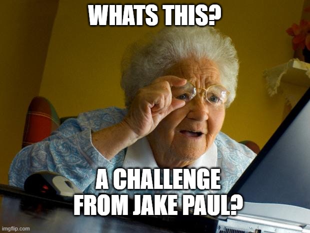 Old lady at computer finds the Internet | WHATS THIS? A CHALLENGE FROM JAKE PAUL? | image tagged in old lady at computer finds the internet,memes,jake paul,boxing,netflix,social media | made w/ Imgflip meme maker