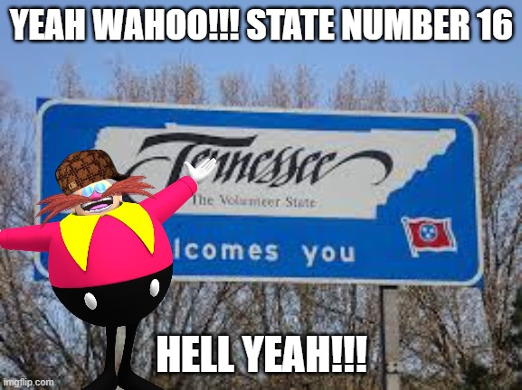 Dr. Eggman loves Tennessee | YEAH WAHOO!!! STATE NUMBER 16; HELL YEAH!!! | image tagged in tennessee | made w/ Imgflip meme maker