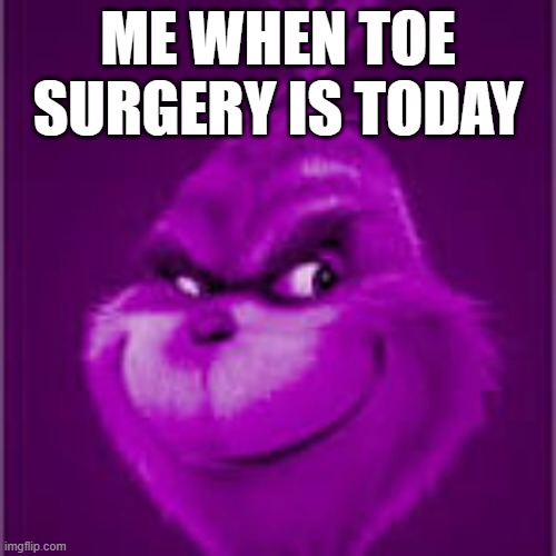 i love doctors tickling my toes | ME WHEN TOE SURGERY IS TODAY | image tagged in purple grinch | made w/ Imgflip meme maker