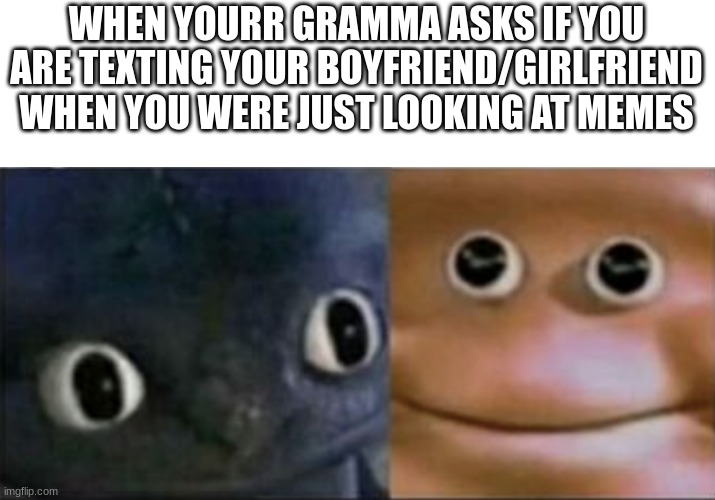 True story | WHEN YOURR GRAMMA ASKS IF YOU ARE TEXTING YOUR BOYFRIEND/GIRLFRIEND WHEN YOU WERE JUST LOOKING AT MEMES | image tagged in blank stare dragon | made w/ Imgflip meme maker