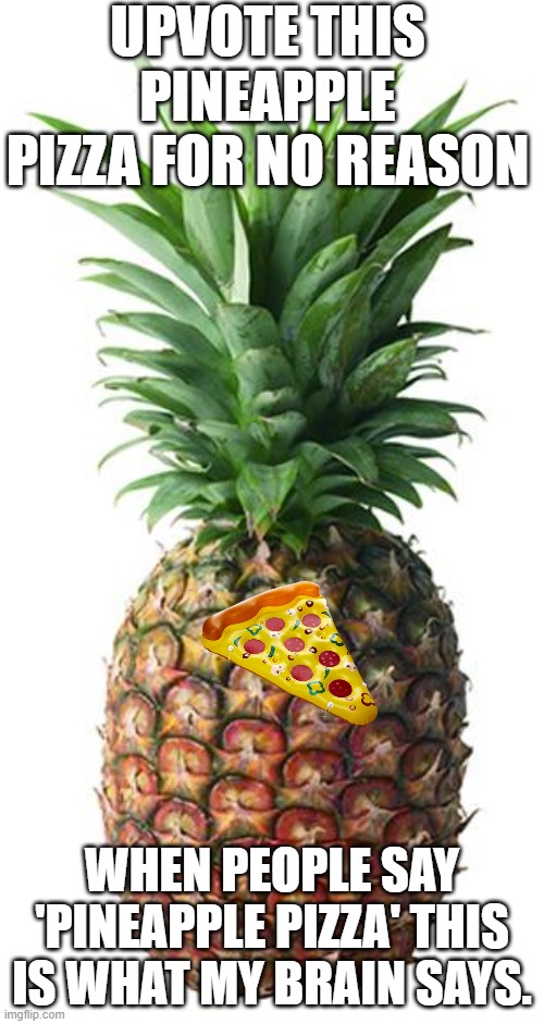 This wont even get 5 upvotes. I might as well quit imgflip.com | UPVOTE THIS PINEAPPLE PIZZA FOR NO REASON; WHEN PEOPLE SAY 'PINEAPPLE PIZZA' THIS IS WHAT MY BRAIN SAYS. | image tagged in pineapple | made w/ Imgflip meme maker