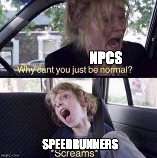 Why Can't You Just Be Normal | NPCS; SPEEDRUNNERS | image tagged in why can't you just be normal | made w/ Imgflip meme maker