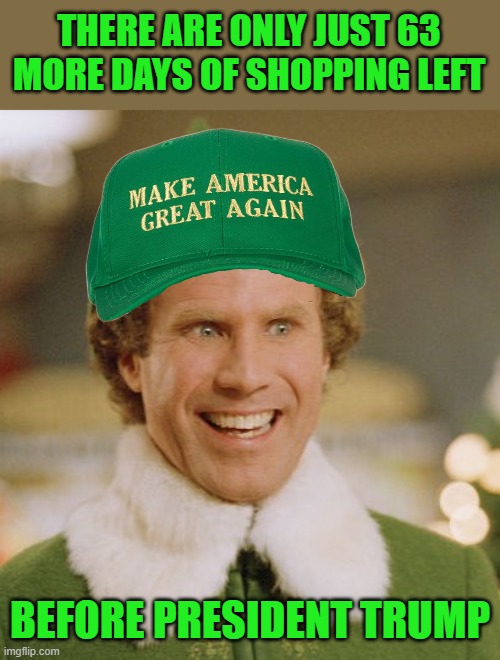 Buddy the MAGA Elf | THERE ARE ONLY JUST 63 MORE DAYS OF SHOPPING LEFT; BEFORE PRESIDENT TRUMP | image tagged in memes,buddy the elf | made w/ Imgflip meme maker